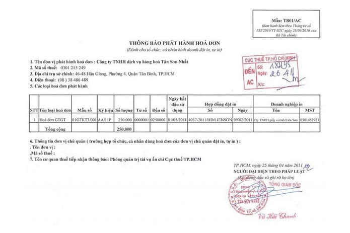 Thông báo phát hành hóa đơn GTGT
