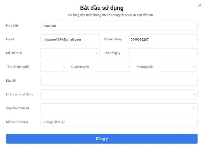 bổ sung thông tin tài khoản amis