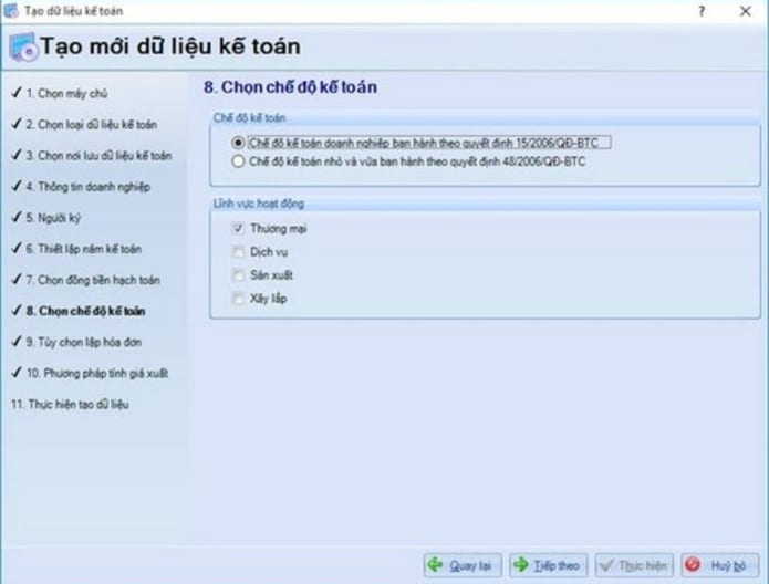 chọn chế độ kế toán phần mềm kế toán misa