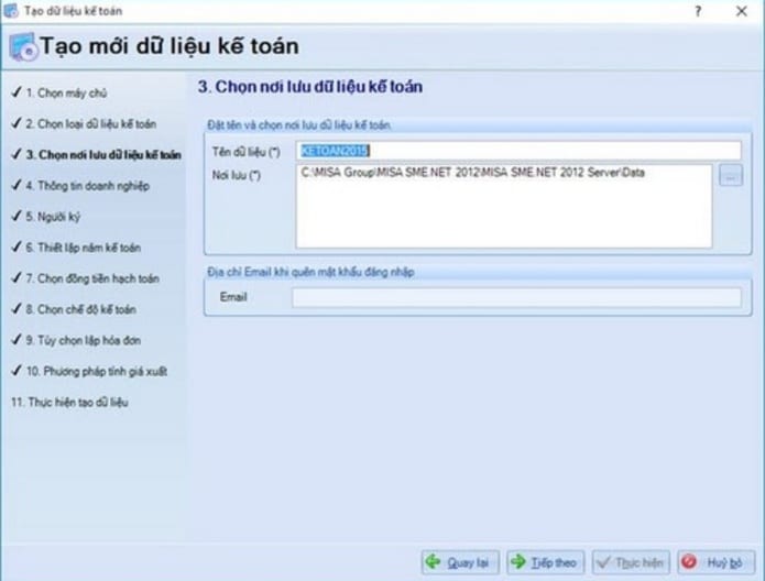 chọn nơi lưu dữ liệu kế toán
