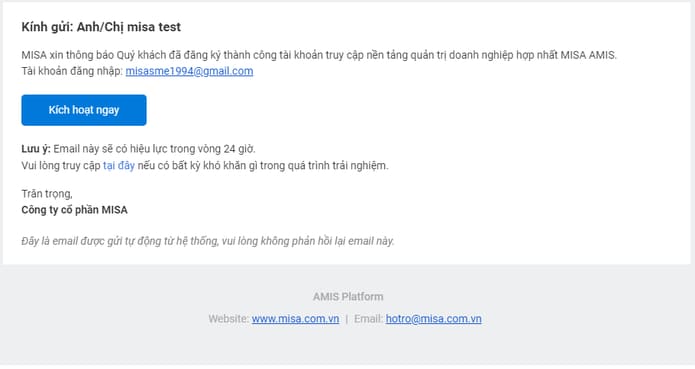 kích hoạt tài khoản amis qua mail