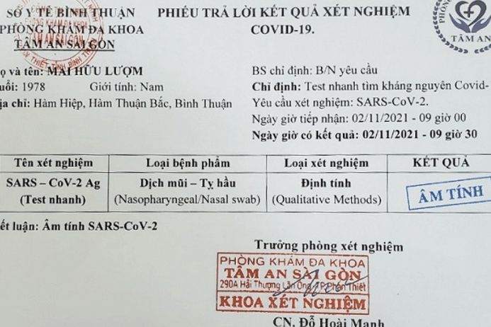 Giấy xét nghiệm âm tính với Covid-19