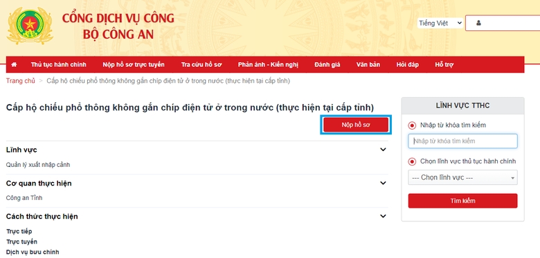 Chọn mục nộp hồ sơ