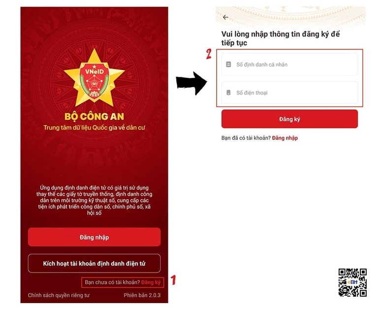 Chọn đăng ký ở góc phải dưới màn hình