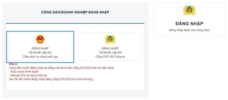 Chọn Đăng nhập tài khoản cấp bởi Cổng dịch vụ công quốc gia