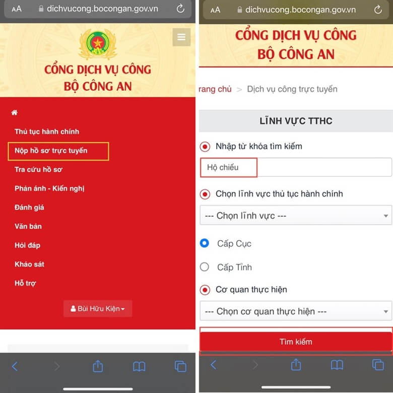 Chọn nộp hồ sơ trực tuyến