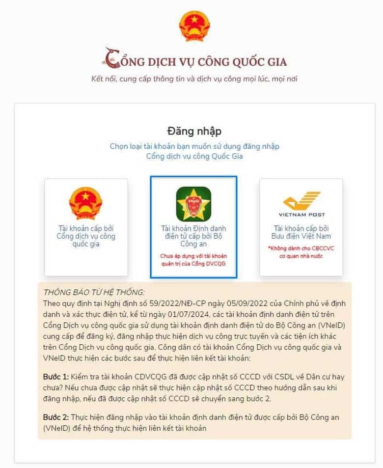 Chọn tài khoản định danh điện tử