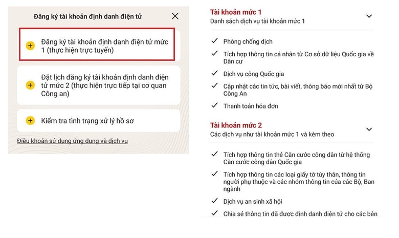 Đăng ký tài khoản định danh điện tử mức độ 1