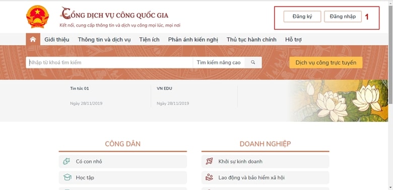 Đăng ký tại trang cổng dịch vụ công Quốc gia