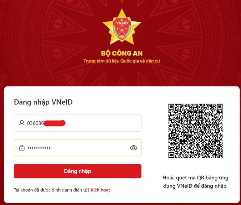 Nhập thông tin và đăng nhập VNeID