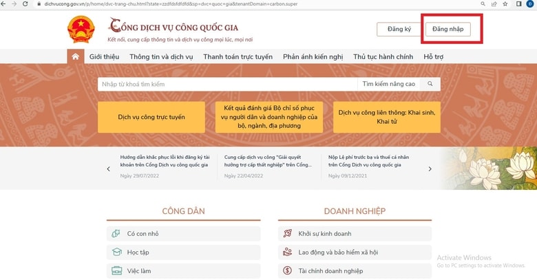 Truy cập Cổng Dịch vụ công Quốc gia
